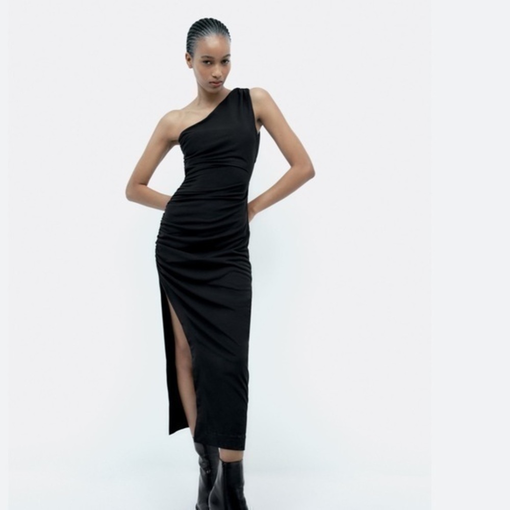 Zara NWT black draped asymmetrical midi dress 3152/227